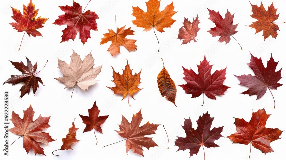 A vibrant collection of autumn leaves showcasing nature's palette on a bright white backdrop A vibrant collection of autumn leaves showcasing nature's palette on a bright white backdrop