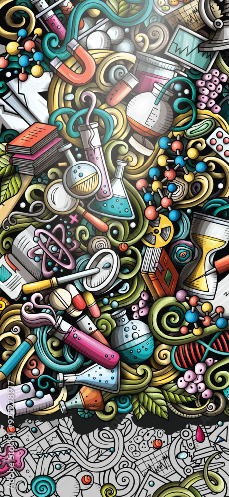 Obraz premium Science hand drawn doodle banner. Cartoon detailed flyer.