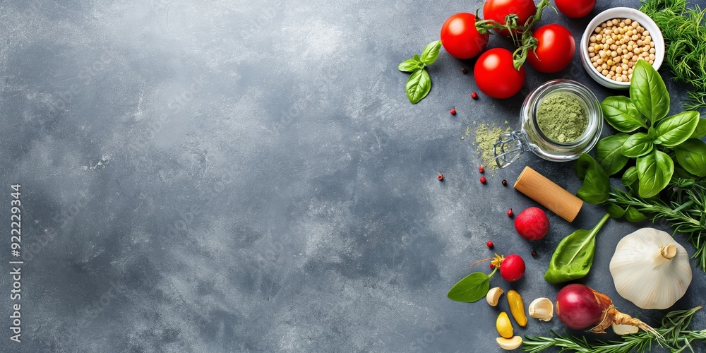 Image of fresh tomatoes, various herbs, spices, and vegetables arranged on a textured stone background for culinary use. Image of fresh tomatoes, various herbs, spices, and vegetables arranged on a textured stone background for culinary use.