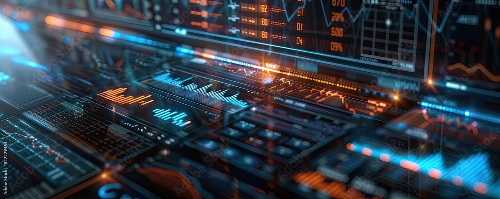 Naklejka premium Futuristic interface showcasing graphs and data. Perfect for illustrating technology, finance, and digital innovation concepts.