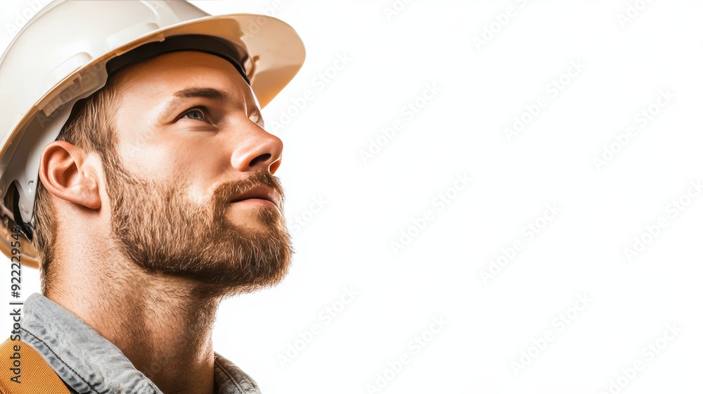 Portrait of a young construction worker wearing a hard hat, looking upwards. Focused and determined, symbolizing ambition and safety. Portrait of a young construction worker wearing a hard hat, looking upwards. Focused and determined, symbolizing ambition and safety.
