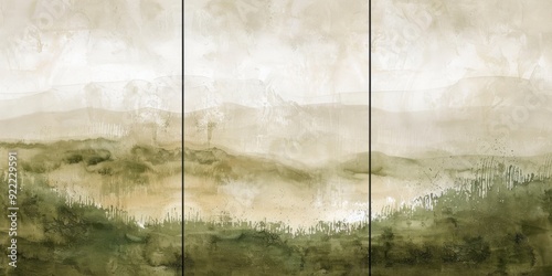 Wallpaper Mural Set of 3 wall art panels with subtle abstract brush strokes in muted olive and sage, painting, close up, split into three on white background Torontodigital.ca