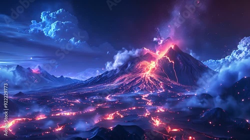 A majestic volcanic eruption illuminates the night sky with fiery lava flows and glowing clouds. photo