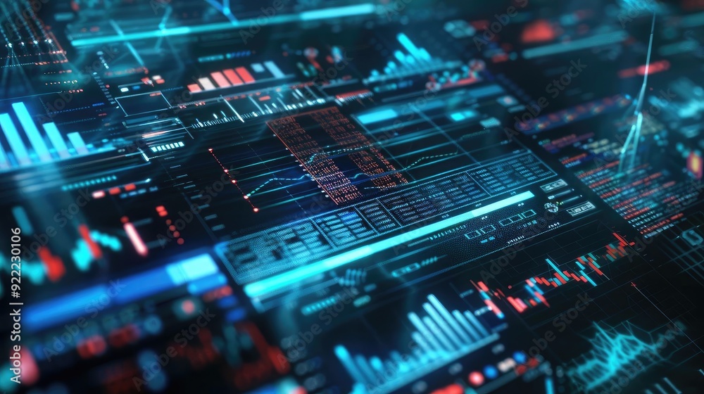 Futuristic data analysis interface with charts, graphs, and digital elements in vibrant blue and red tones. Futuristic data analysis interface with charts, graphs, and digital elements in vibrant blue and red tones.