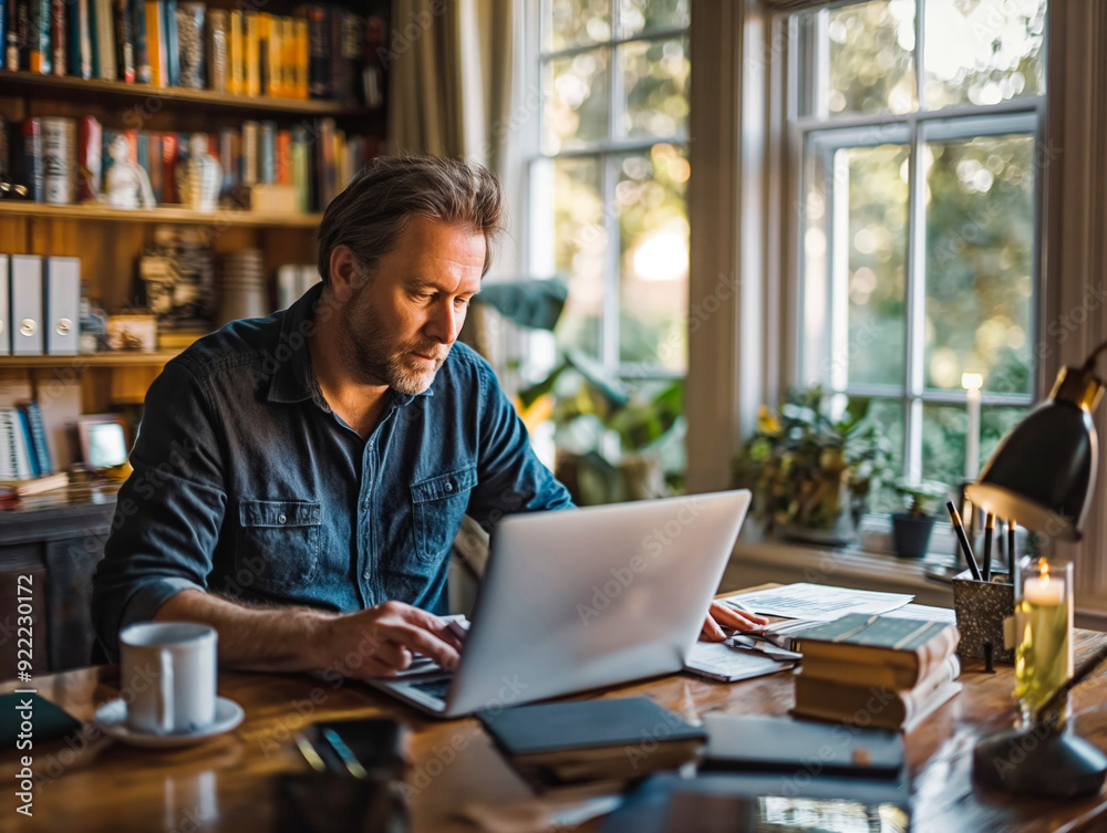 A man is sitting at a desk with a laptop and a stack of books. He is focused on his work, possibly typing or researching. The room has a cozy and comfortable atmosphere, with a potted plant A man is sitting at a desk with a laptop and a stack of books. He is focused on his work, possibly typing or researching. The room has a cozy and comfortable atmosphere, with a potted plant