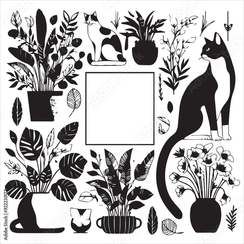 A cat and a plant in an illustrated frame  silhouette vector with white background