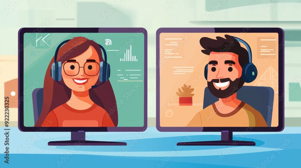 Two People Having a Video Call on Computer Screens Two People Having a Video Call on Computer Screens