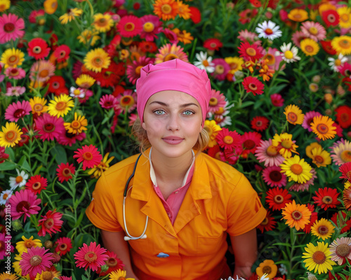 Nurse in bright uniform among colorful daisies photo