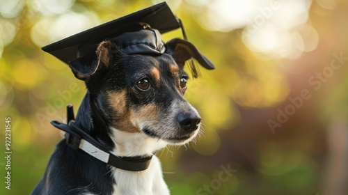 A small black, white, and brown dog proudly wears a graduation cap in an outdoor setting, looking attentively to the side, symbolizing achievement and celebration. photo