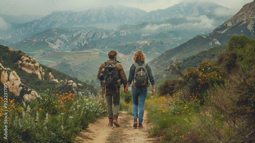 Obraz premium An LGBTQ+ couple in a serene nature setting, hiking on a scenic trail. They are holding hands, with backpacks and outdoor gear, surrounded by mountains and greenery. The mood is adventurous and