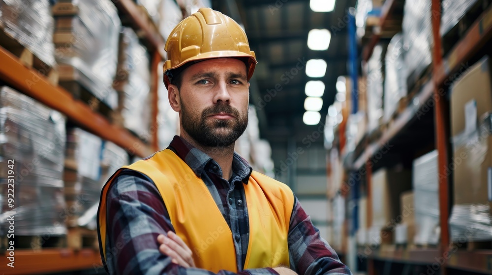 A male worker with a yellow helmet and a yellow vest stands confidently with his arms crossed, surrounded by shelves stocked with materials in a large industrial warehouse. A male worker with a yellow helmet and a yellow vest stands confidently with his arms crossed, surrounded by shelves stocked with materials in a large industrial warehouse.