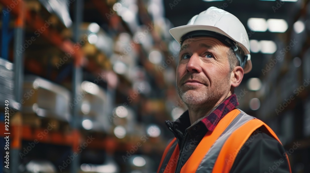 An older male worker wears a white helmet and orange high-visibility vest in a warehouse setting. His expression conveys experience and dedication to his job. An older male worker wears a white helmet and orange high-visibility vest in a warehouse setting. His expression conveys experience and dedication to his job.