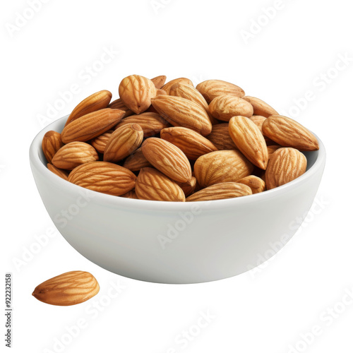 A bowl filled with almonds and a single almond in the foreground