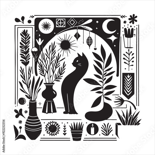 Print A cat and a plant in an illustrated frame  silhouette vector with white background