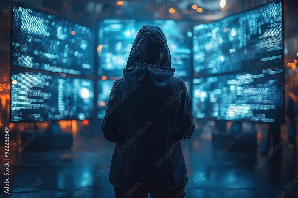 dramatic cybercrime scene with a hooded hacker silhouetted against multiple screens of scrolling code dark moody lighting with eerie blue glow from monitors dramatic cybercrime scene with a hooded hacker silhouetted against multiple screens of scrolling code dark moody lighting with eerie blue glow from monitors
