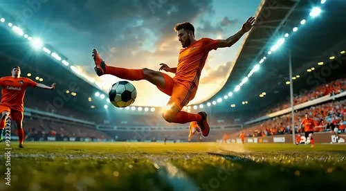 Dynamic Soccer Action at Sunset - Athletic Football Control in Stadium