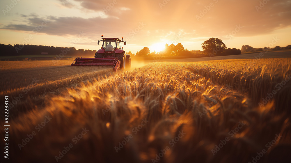 Fototapeta premium At sunset, a farmer navigates a tractor loaded with gleaming grain through a field, showcasing the tranquil beauty of the countryside and the day's hard work coming to a close.