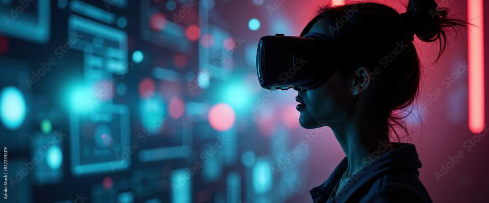 Woman wearing VR glasses immersed in metaverse with neon lighting and digital interface. Futuristic concept, cyber space, virtual reality technology. metaverse, virtual reality, metaverse technology Woman wearing VR glasses immersed in metaverse with neon lighting and digital interface. Futuristic concept, cyber space, virtual reality technology. metaverse, virtual reality, metaverse technology