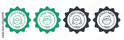 Vector stamp child labor free. World day against child labor icons with text. Boy and girl symbols. Wavy thin black and green solid set elements on white background.