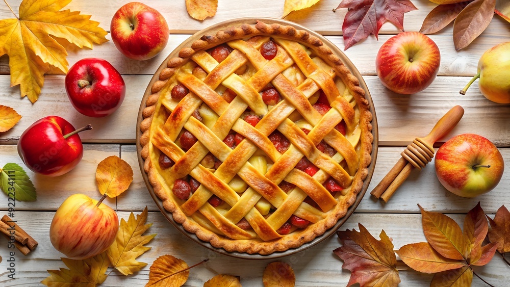 Top View of Homemade Apple Pie on White Kitchen Table. Perfect for: Thanksgiving, Autumn Baking, Holiday Recipes, Food Photography Top View of Homemade Apple Pie on White Kitchen Table. Perfect for: Thanksgiving, Autumn Baking, Holiday Recipes, Food Photography