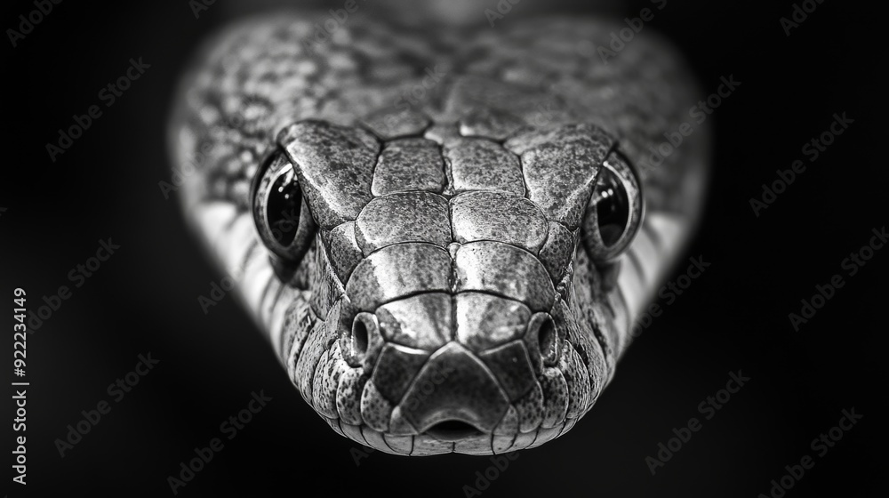 Snake head staring with scales in black and white Snake head staring with scales in black and white