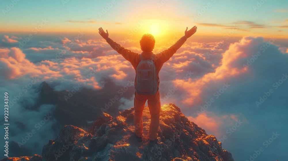 Hiker celebrating reaching mountain peak at sunset above the clouds Hiker celebrating reaching mountain peak at sunset above the clouds
