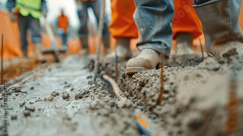 Concrete Pouring Workers Filling Foundation Molds with Detailed Ground Texture and Deep Depth of Field Construction Site Image