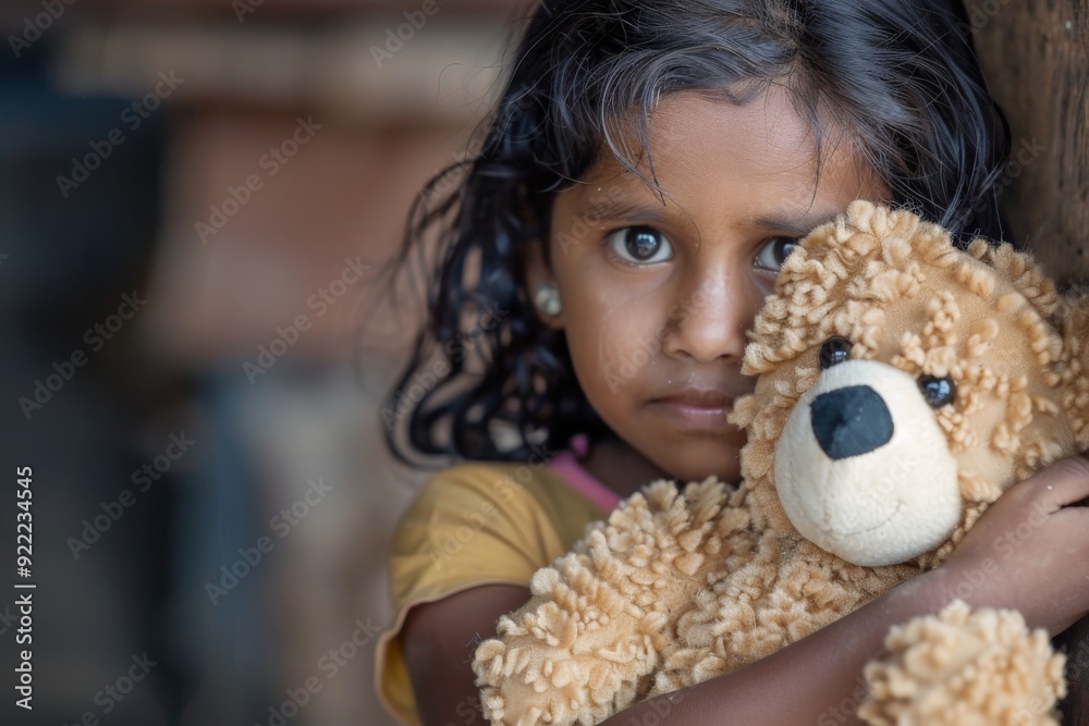 A little girl clutches her teddy bear with a shy and reserved expression, suggesting a need for comfort and security. The neutral background highlights the intimate moment. A little girl clutches her teddy bear with a shy and reserved expression, suggesting a need for comfort and security. The neutral background highlights the intimate moment.