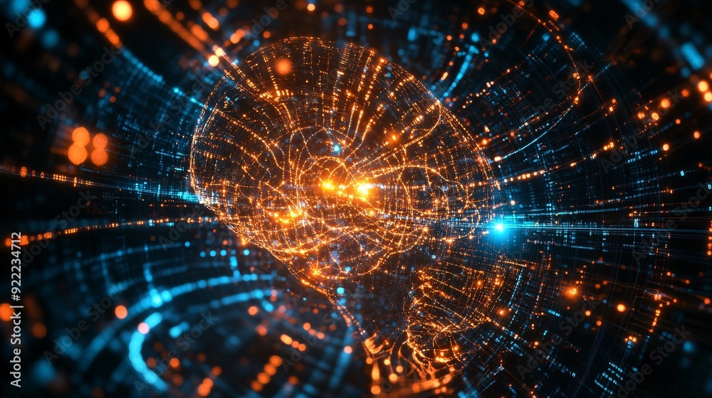 Obraz premium Abstract digital brain composed of binary code and glowing neural pathways