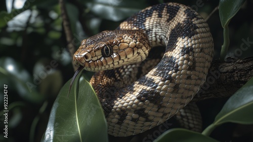 Beautiful snake sticking out its tongue in the jungle