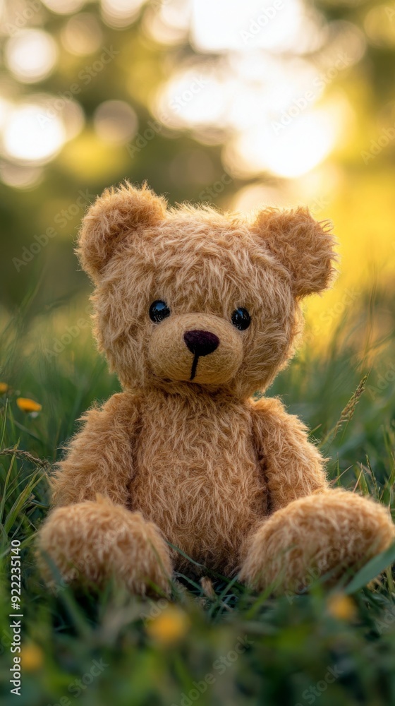 Teddy bear sitting on grass enjoying golden hour light Teddy bear sitting on grass enjoying golden hour light