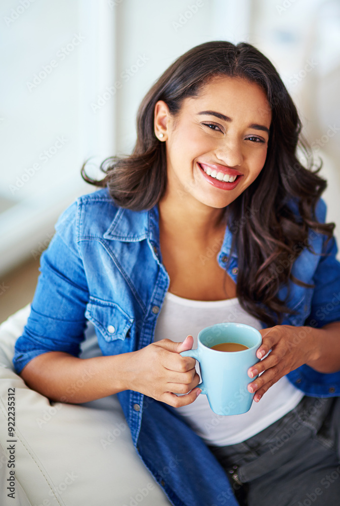 Woman, portrait and smile with coffee in living room on sofa for relax with weekend in home. Happy, apartment and drink with tea mug or hot cocoa in morning with warm beverage, couch and positive Woman, portrait and smile with coffee in living room on sofa for relax with weekend in home. Happy, apartment and drink with tea mug or hot cocoa in morning with warm beverage, couch and positive