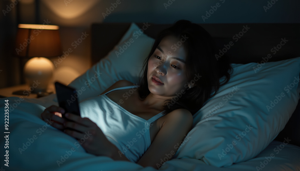 Woman using smartphone in bed at night Woman using smartphone in bed at night