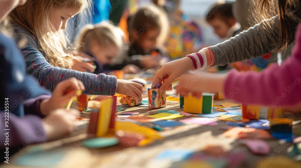 Groups of children participate in hands-on art activities, using colorful materials to create unique crafts together. Groups of children participate in hands-on art activities, using colorful materials to create unique crafts together.