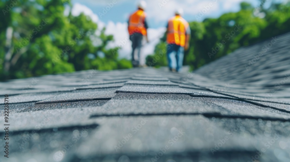 Two skilled roofers in hard hats installing or applying new asphalt roof shingles to the rooftop of a residential home with a deep depth of field blurred background effect Two skilled roofers in hard hats installing or applying new asphalt roof shingles to the rooftop of a residential home with a deep depth of field blurred background effect