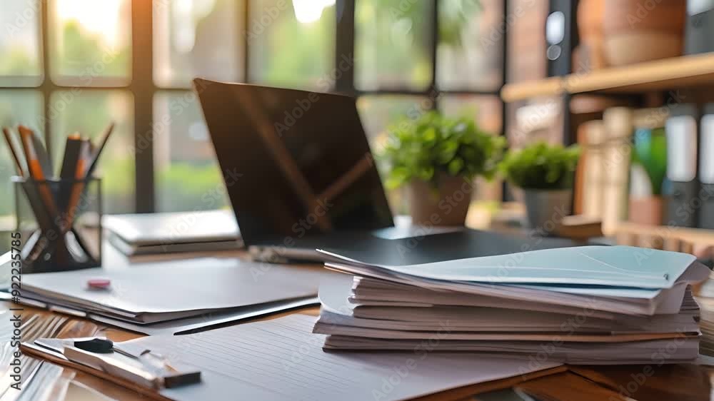 A messy desk with a laptop, papers, and office supplies. The image conveys a sense of busy work. A messy desk with a laptop, papers, and office supplies. The image conveys a sense of busy work.