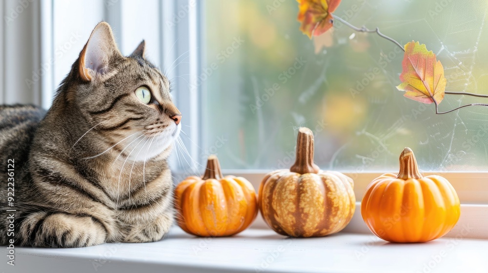A gray cat with captivating green eyes gazes out from a sunlit windowsill adorned with cheerful pumpkins, embodying the spirit of autumn A gray cat with captivating green eyes gazes out from a sunlit windowsill adorned with cheerful pumpkins, embodying the spirit of autumn