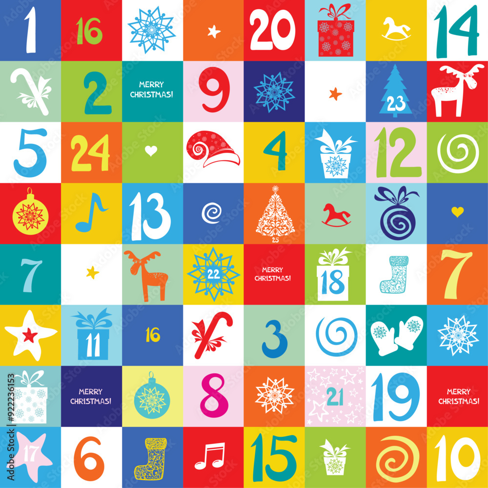 Merry Christmas. Advent calendar with 25 windows. Holiday template with numbers for Christmas calendar or daily preparation schedule. Vector Illustration Merry Christmas. Advent calendar with 25 windows. Holiday template with numbers for Christmas calendar or daily preparation schedule. Vector Illustration