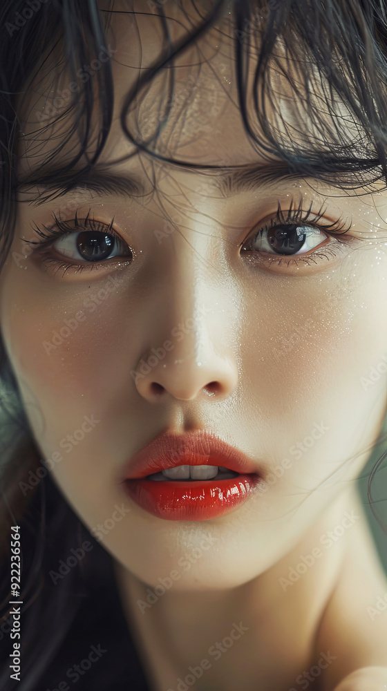 Close-up portrait of a Korean female fashion model with wet hair and vibrant red lips Close-up portrait of a Korean female fashion model with wet hair and vibrant red lips