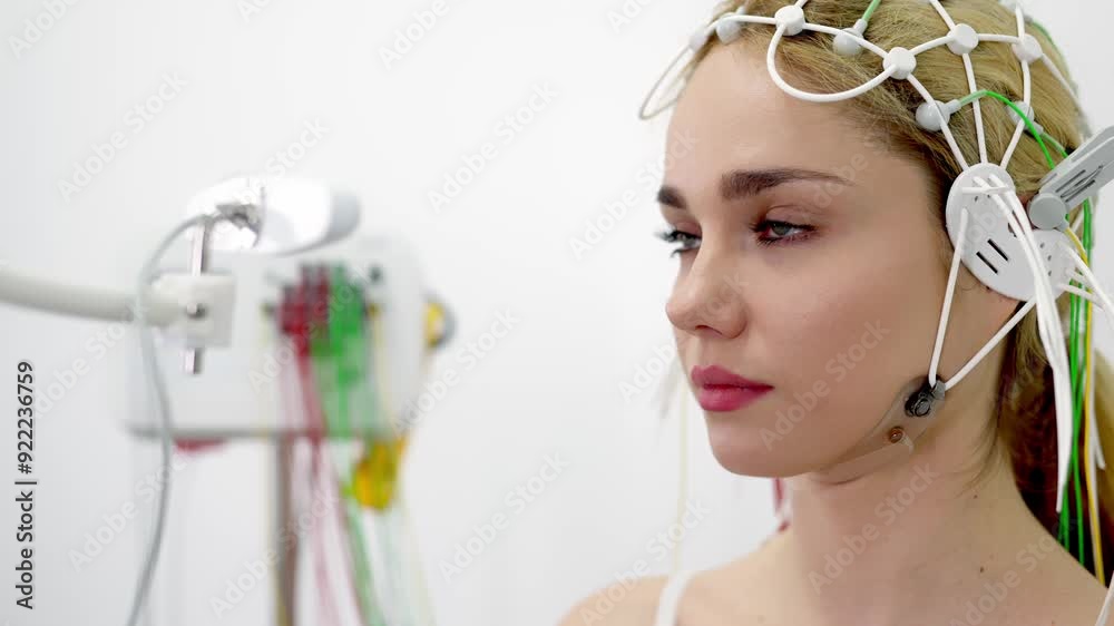 A doctor places EEG sensors on a young patient's head for brain testing in a medical center. Ideal for showcasing advanced diagnostics and professional healthcare settings.