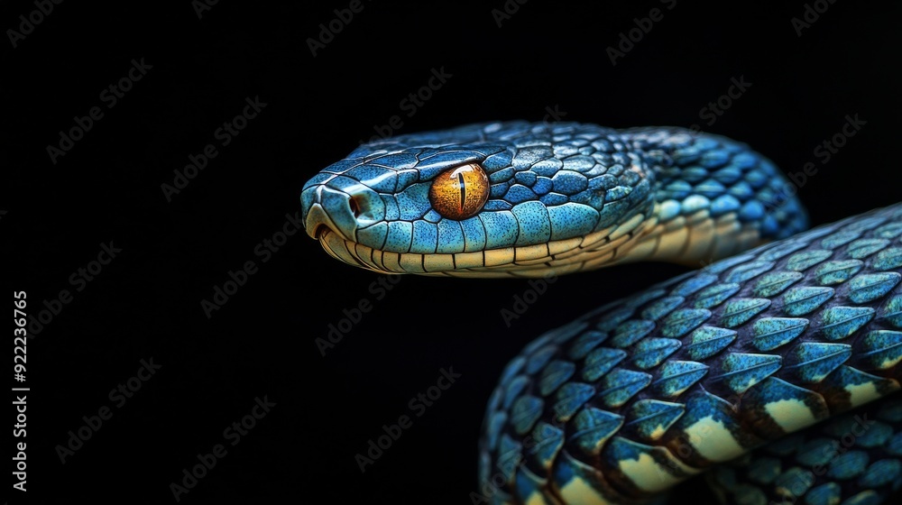 Blue viper snake posing on black background Blue viper snake posing on black background