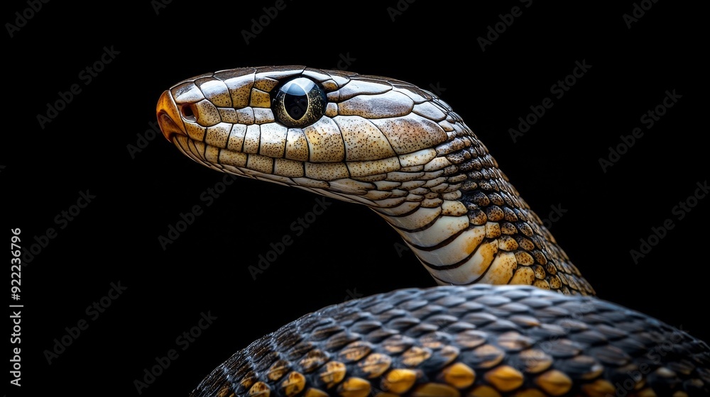 Fototapeta premium Snake posing on black background showing skin pattern