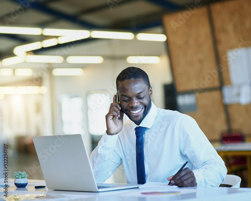 African man, phone call and laptop as accountant, employee or manager in finance company. Male person, tech and happy for investment opportunity, project and portfolio for tax or business development