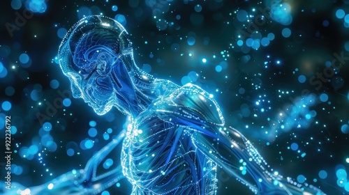 3D hologram of human muscular system, translucent muscles and tendons in glowing blue and cyan palette, white tiny robots performing muscle repair.