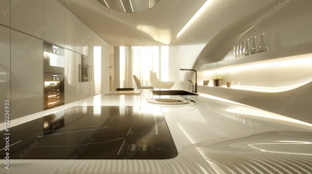 Obraz premium Minimalist futuristic kitchen with sleek white cabinets, smart induction cooktop, integrated appliances, under-cabinet LED lighting.