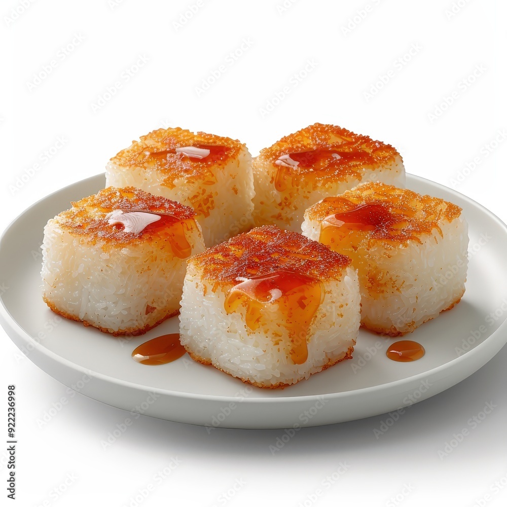 Delicious Thai Khao Tan - Crispy Rice Cakes with Caramel Sauce on Plate, Food Magazine Styling in Studio on White Background Delicious Thai Khao Tan - Crispy Rice Cakes with Caramel Sauce on Plate, Food Magazine Styling in Studio on White Background