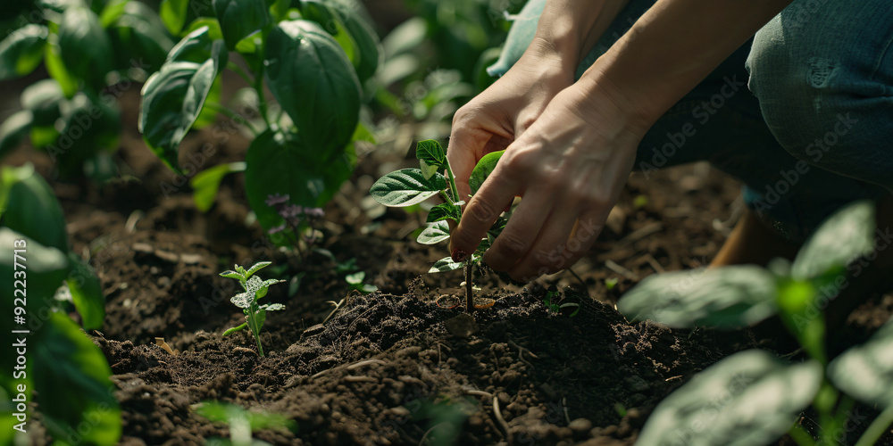 Fototapeta premium A close-up view of a person's hands carefully planting a seedling in a garden bed.