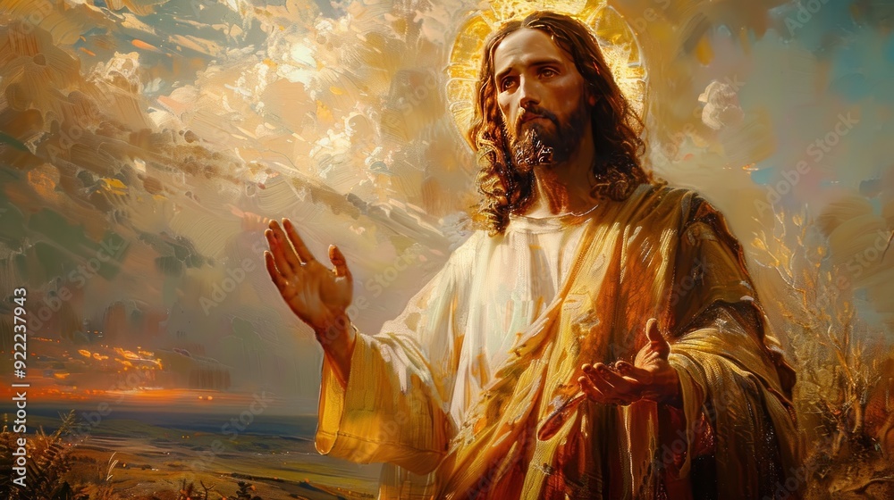 Jesus blessing with radiant halo, peaceful landscape, soft clouds, serene sky. Jesus blessing with radiant halo, peaceful landscape, soft clouds, serene sky.