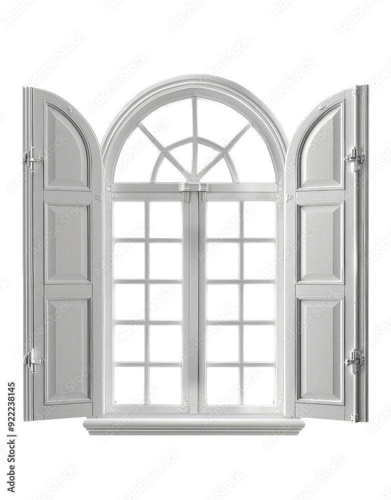 White Plastic Window with Arched Design and Open Shutters Isolated. White Plastic Window with Arched Design and Open Shutters Isolated.