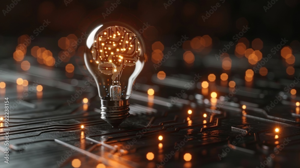 Minimalist 3D light bulb with circuit board pattern, brain inside, technology, intellect, black surface. Minimalist 3D light bulb with circuit board pattern, brain inside, technology, intellect, black surface.